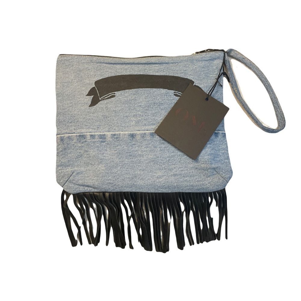 One Teaspoon Dark navy blue Denim jean Small Pouch Black Fringe Wristlet New